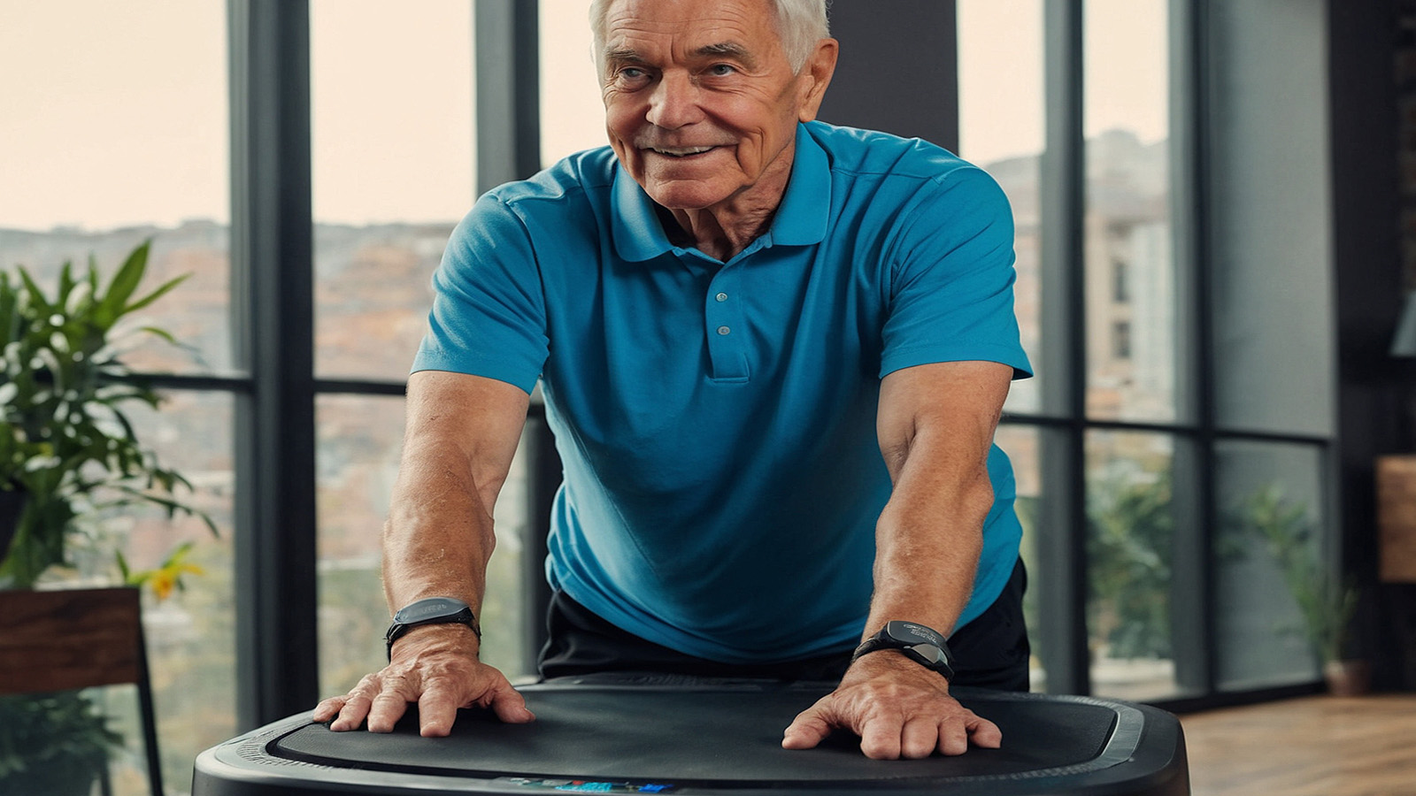 Senior trainiert auf Vibrationsplatte